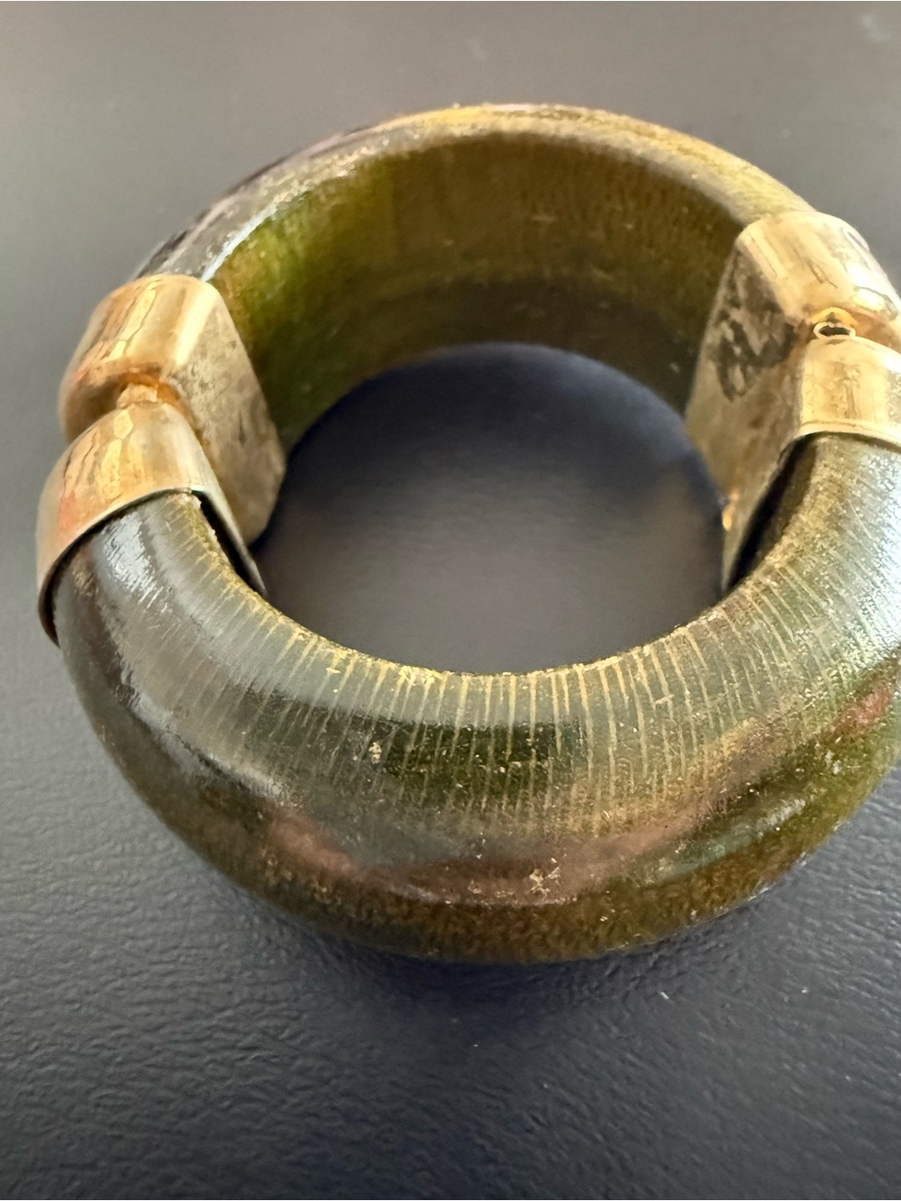 Olive Green Resin and Gold-Tone Hinged Bangle Bracelet